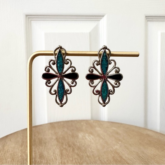 Silver Tone Turquoise Stylized Cross Swirl Scroll Hanging Stud Earrings NWT - Picture 3 of 6